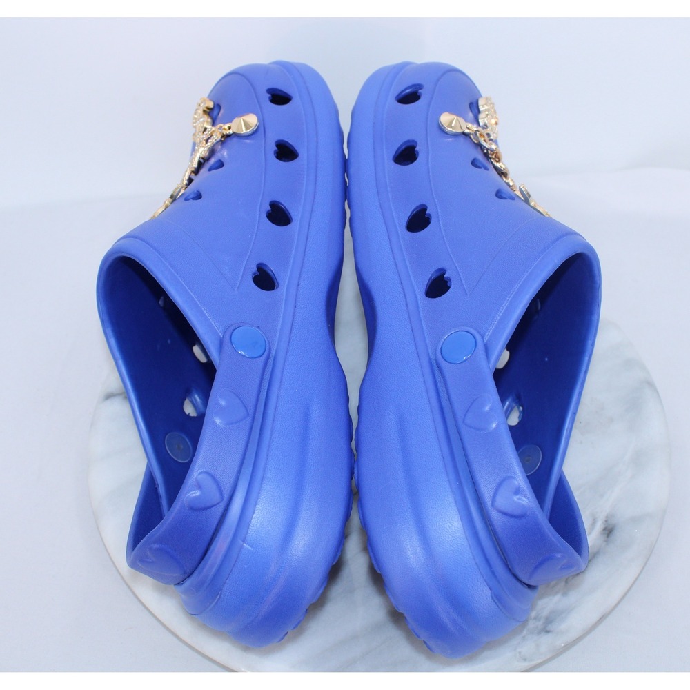 Bon Joli Blue Heart Cutout Platform Clogs Gold Cuban Link Charms Womens 11 - Picture 6 of 7